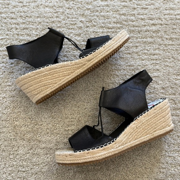 NEW Eileen Fisher AGNES Women 11 Black Leather Espadrille Wedge Sandals COMFORT - Picture 7 of 10